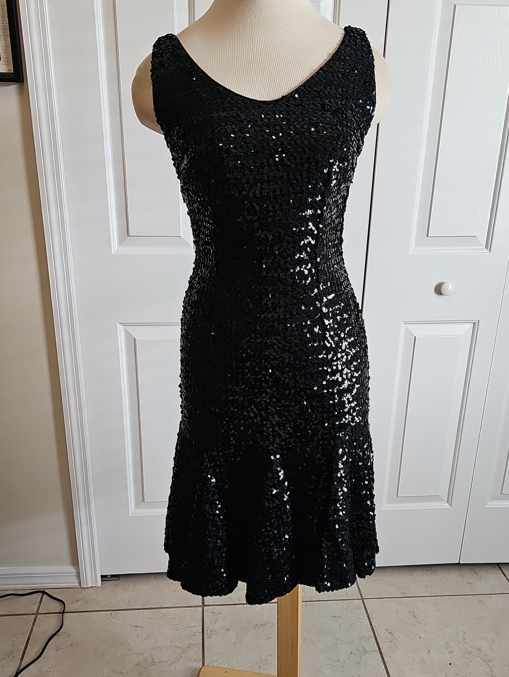 Vintage Black Sequin Mermaid Cocktail Dress Womens Size S Glam Evening Party LBD